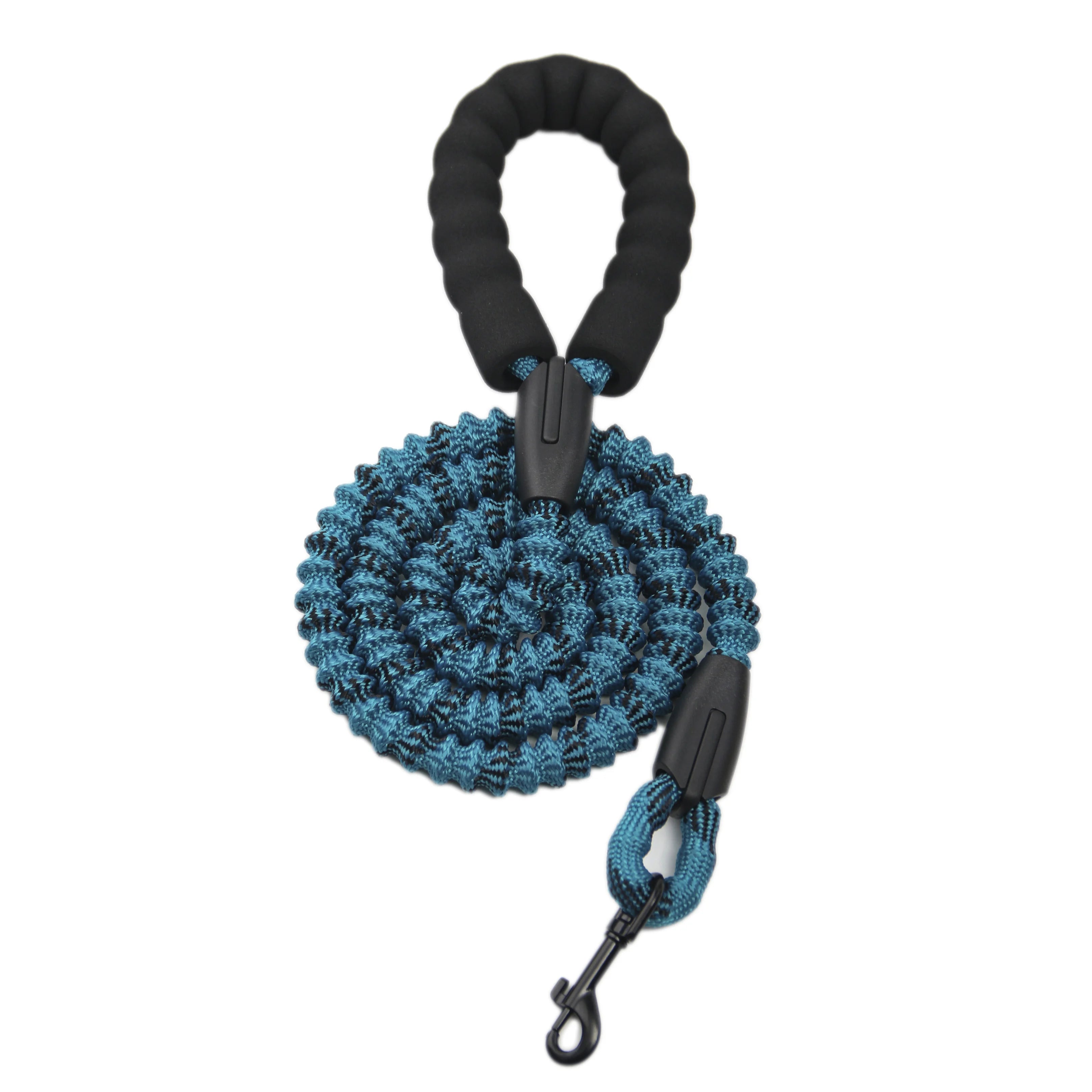 Blue dog leash with black handle on a white background