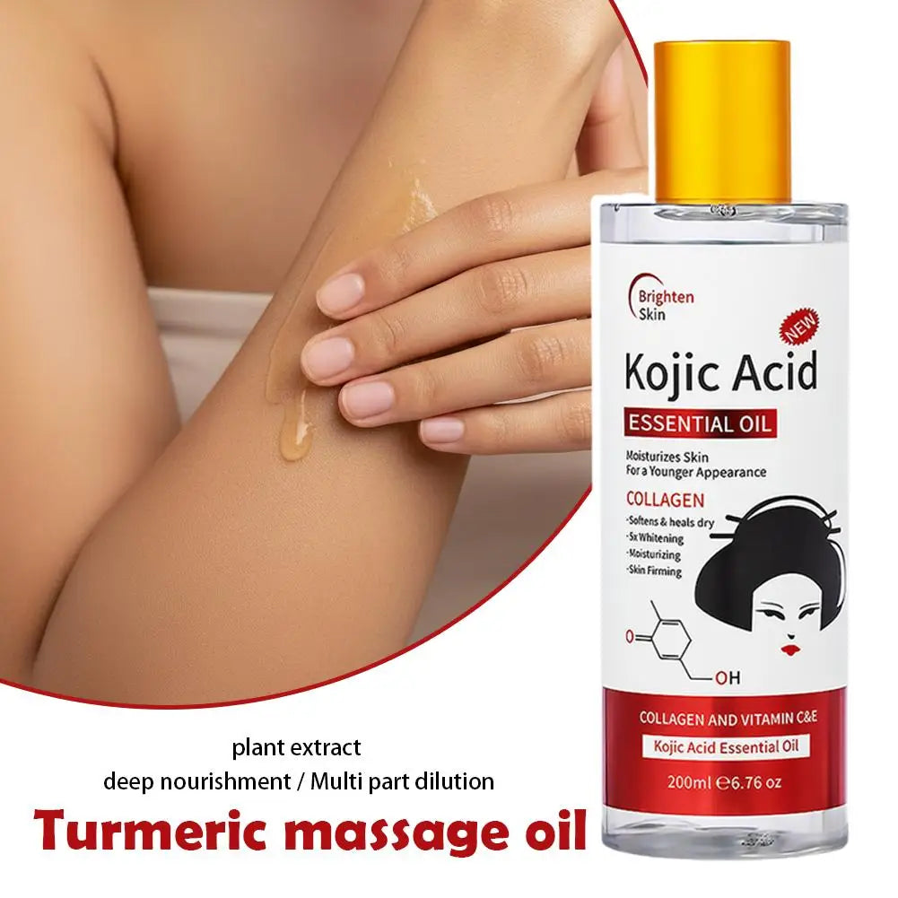 Bottle of Kojic Acid Essential Oil with a hand applying oil to skin
