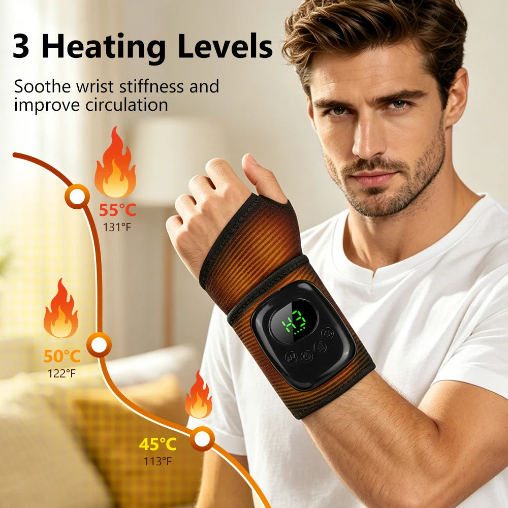 A man wearing a wrist brace with a digital temperature display, with promotional text and heat level graphics showing 3 heating levels and temperature settings.