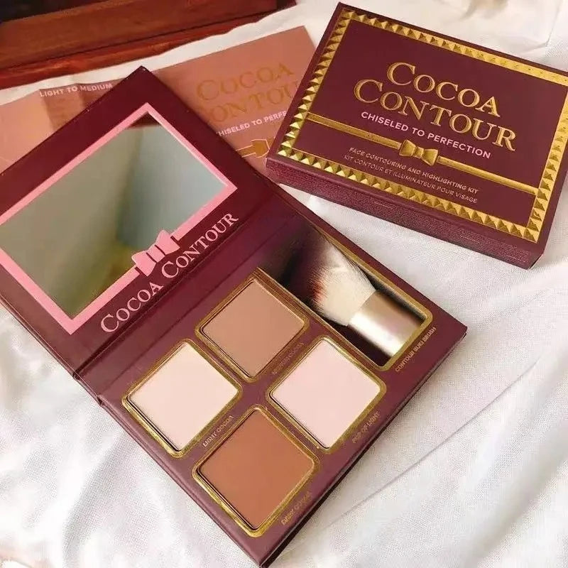 Cocoa contour makeup palette with a brush and mirror on a white background