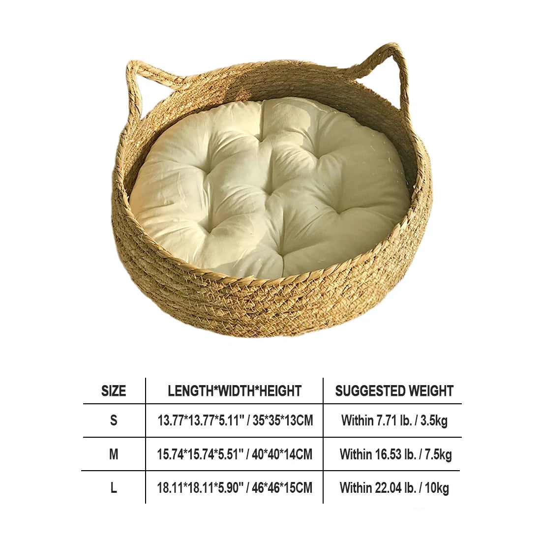 Woven pet bed with a cushion inside, featuring size chart on a white background