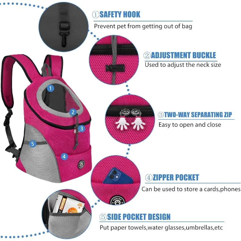 Hands-Free Dog Backpack Carrier | Breathable Front Pack Travel Bag with Adjustable Safety Harness | Reflective Leg-Out Pet Shoulder Pouch for Hiking and Walking