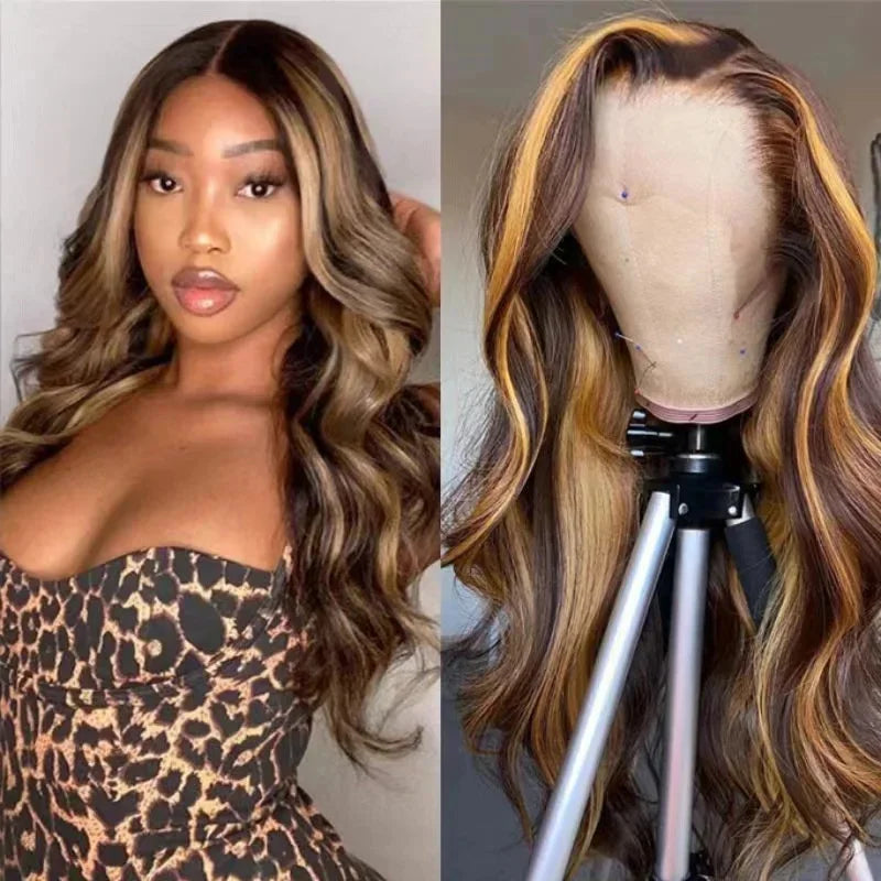 Side-by-side comparison of a woman with long wavy hair and a wig on a mannequin head.