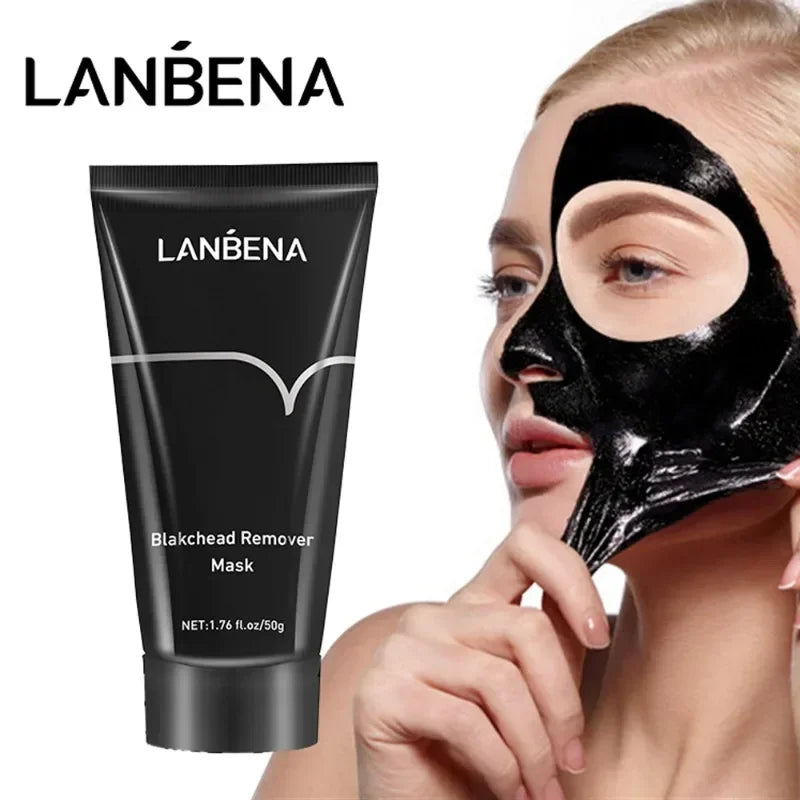 LANBENA blackhead remover mask with a woman wearing it on a white background