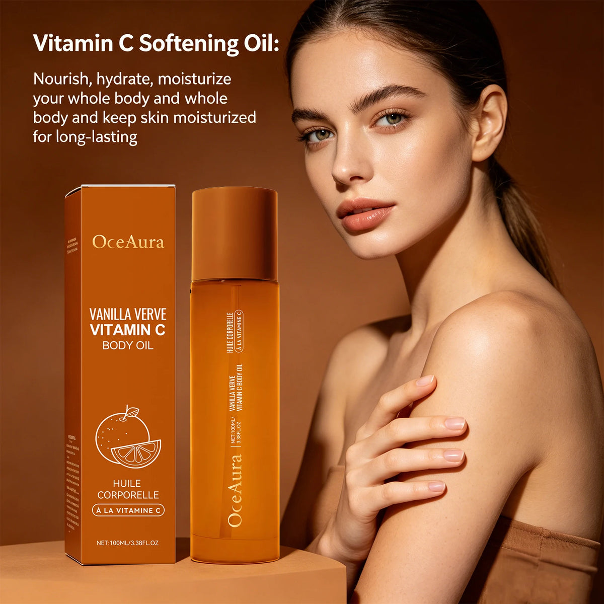 OceAura Vanilla Verve Vitamin C body oil with packaging and a model showcasing the product.