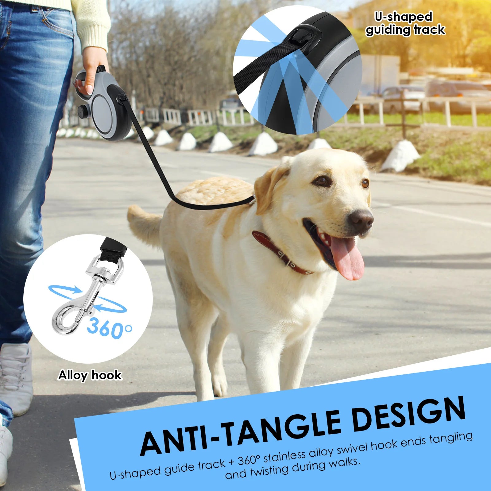 Dog walking on a leash with anti-tangle design features highlighted