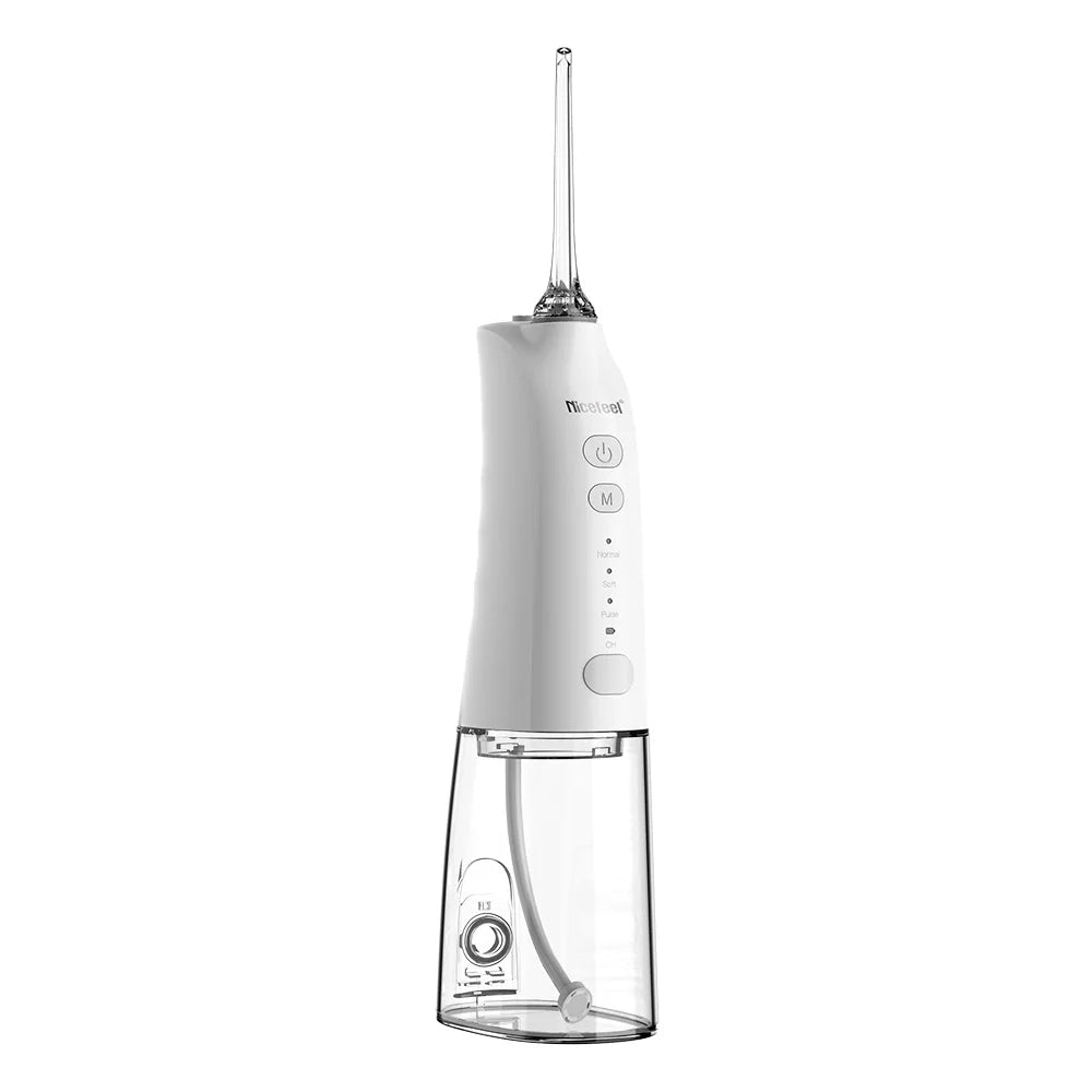 A white and clear electric oral irrigator water flosser with a transparent nozzle and a clear water reservoir, shown on a solid white background.