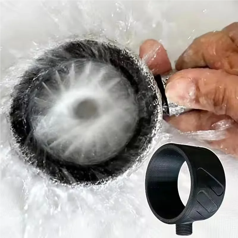 A close-up demonstration of a black cylindrical hose bib or faucet adapter being installed into a water spout, with running water and a hand holding the fitting. A smaller inset shows the adapter alone on a white background.