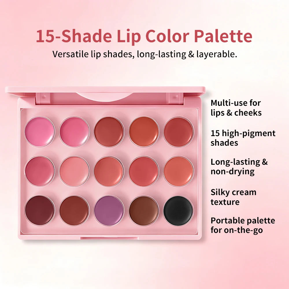 15-shade lip color palette with pink packaging on a light pink background