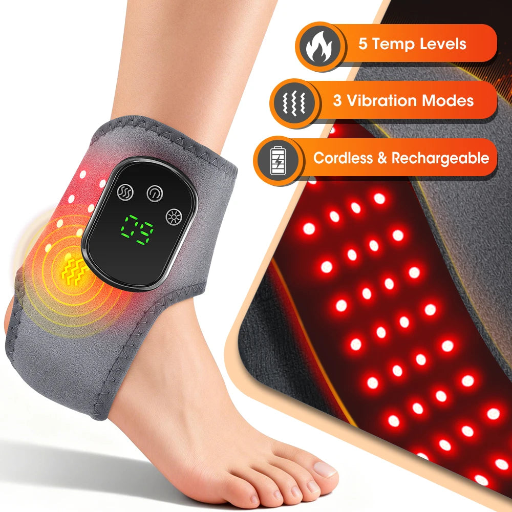Ankle massager with digital display on a foot, showing features like 5 temperature levels and 3 vibration modes.