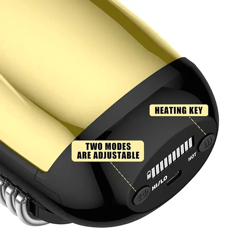 Close-up of a handheld device with yellow and black design, featuring labels for heating key and adjustable modes.