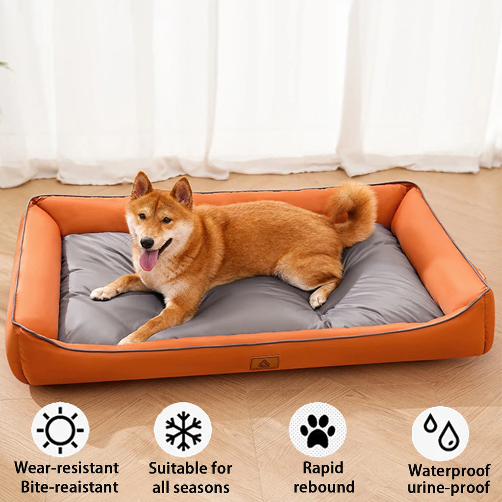 Dog lying on an orange and gray pet bed with features highlighted.