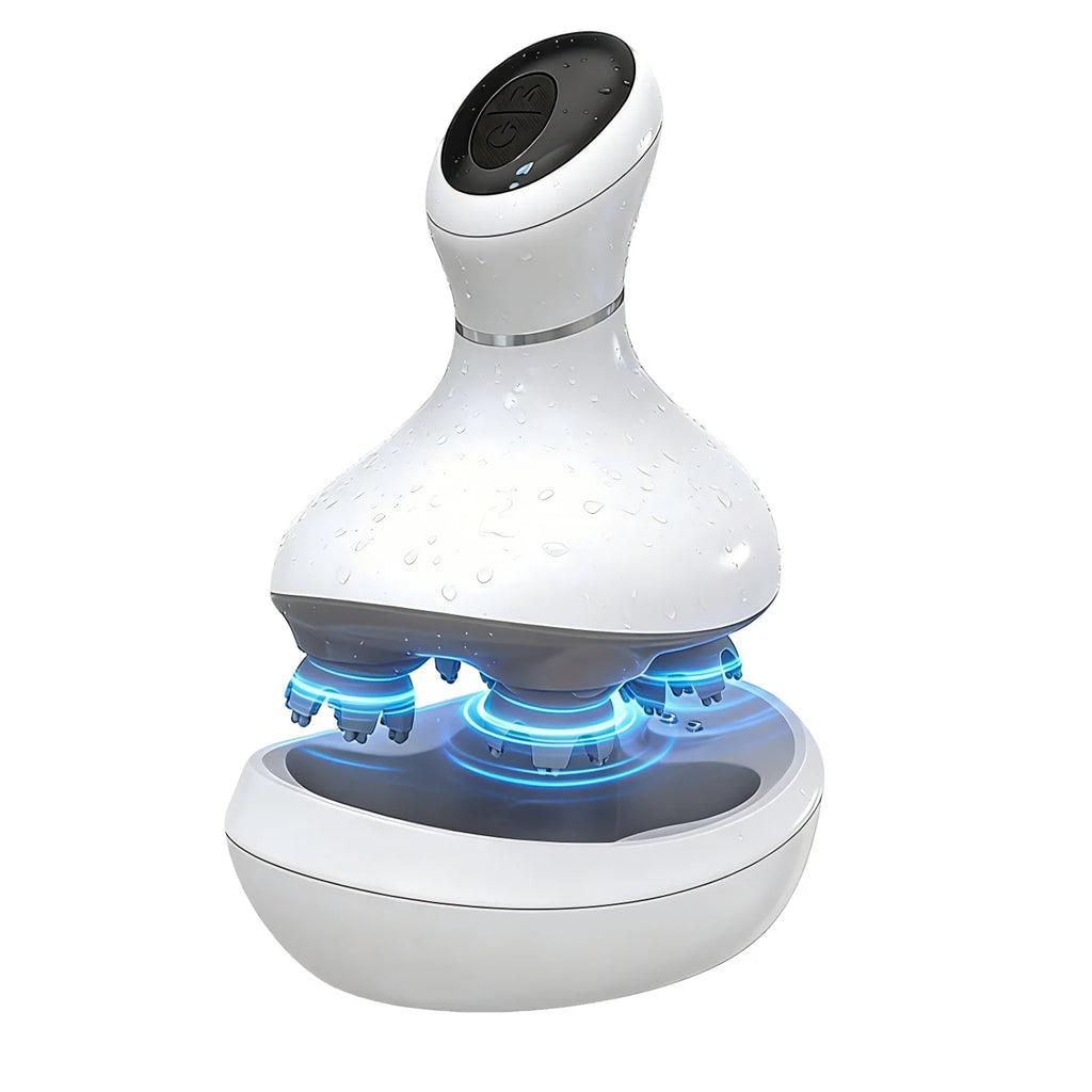 A white handheld foot massage device with glowing blue LED light accents, shown on a white background with a 'FLANIQUE NEW ARRIVAL' badge in the top-left corner and 'ELANIQUE.SHOP' text in the bottom-right.