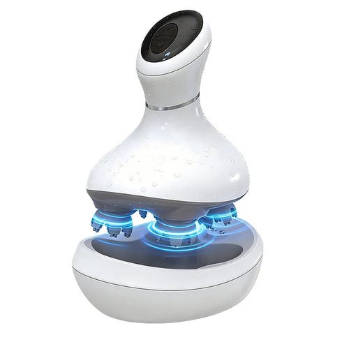 A white handheld foot massage device with glowing blue LED light accents, shown on a white background with a 'FLANIQUE NEW ARRIVAL' badge in the top-left corner and 'ELANIQUE.SHOP' text in the bottom-right.