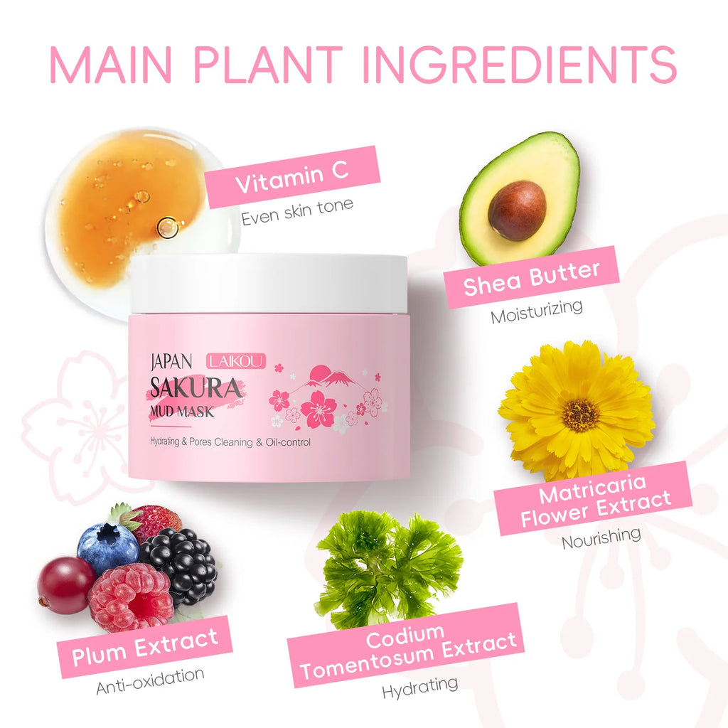 Japan Sakura mud mask with labeled main plant ingredients on a white background