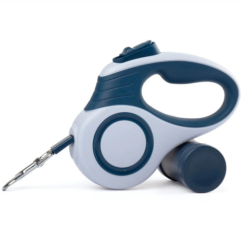 Retractable dog leash with blue and white design on a white background