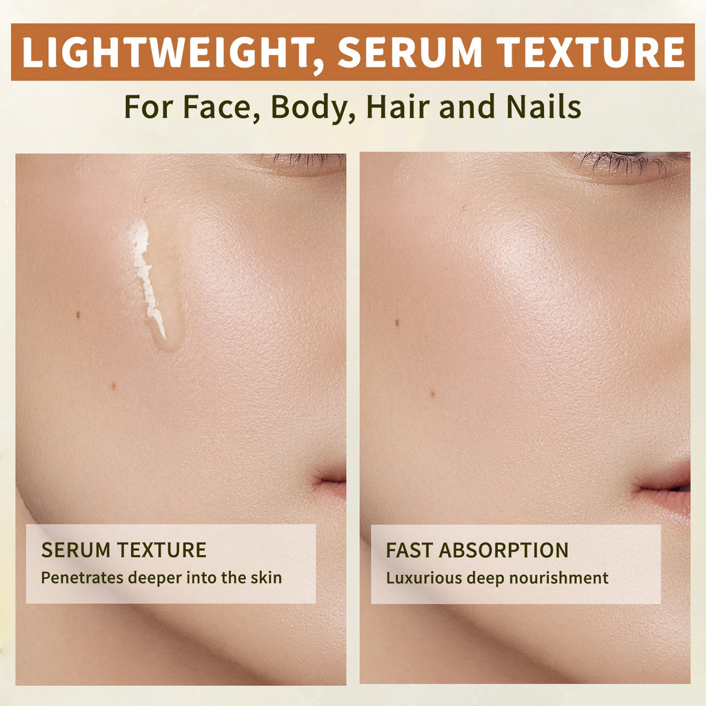 Before and after comparison of serum texture on skin with text about lightweight serum texture for face, body, hair, and nails.