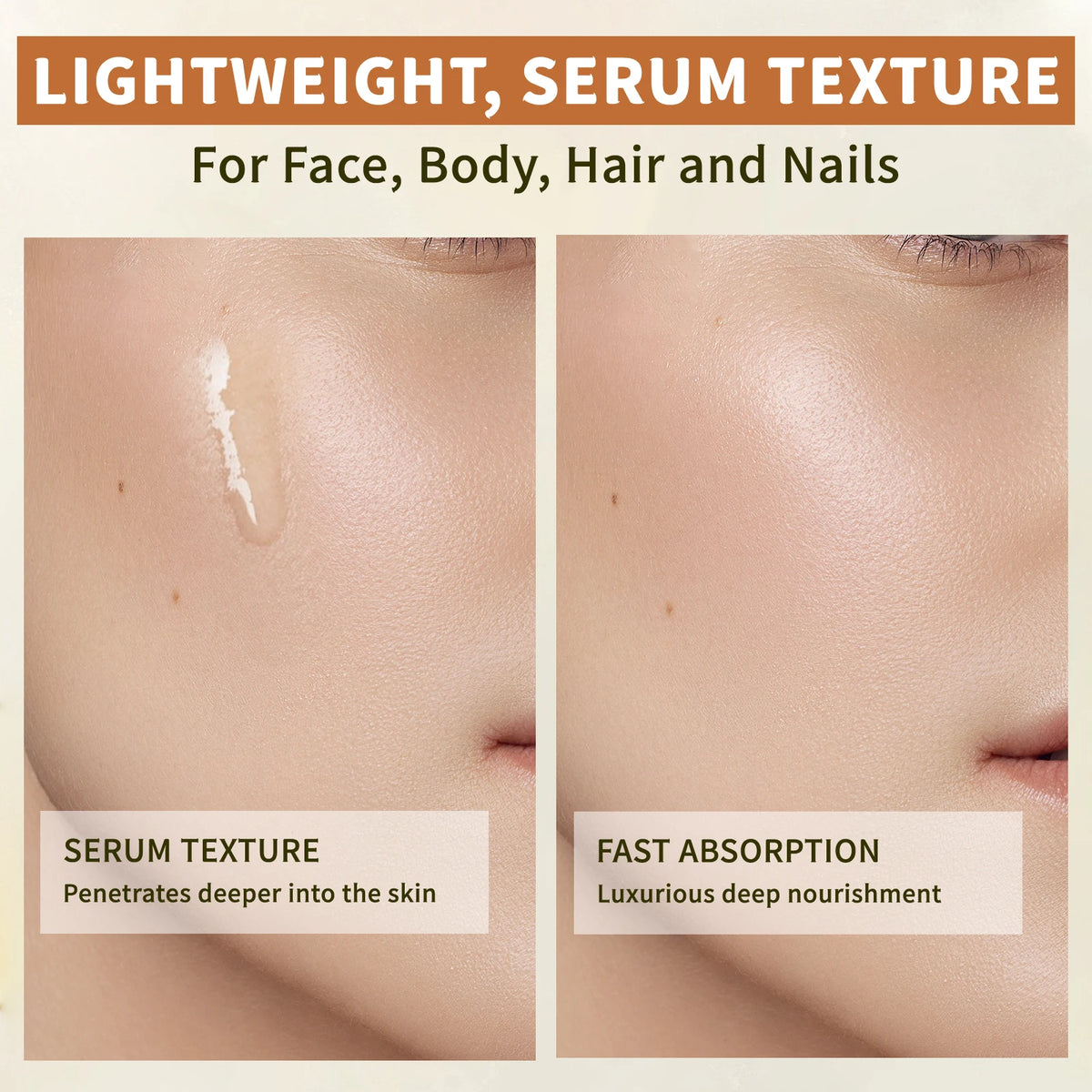 Before and after comparison of serum texture on skin with text about lightweight serum texture for face, body, hair, and nails.