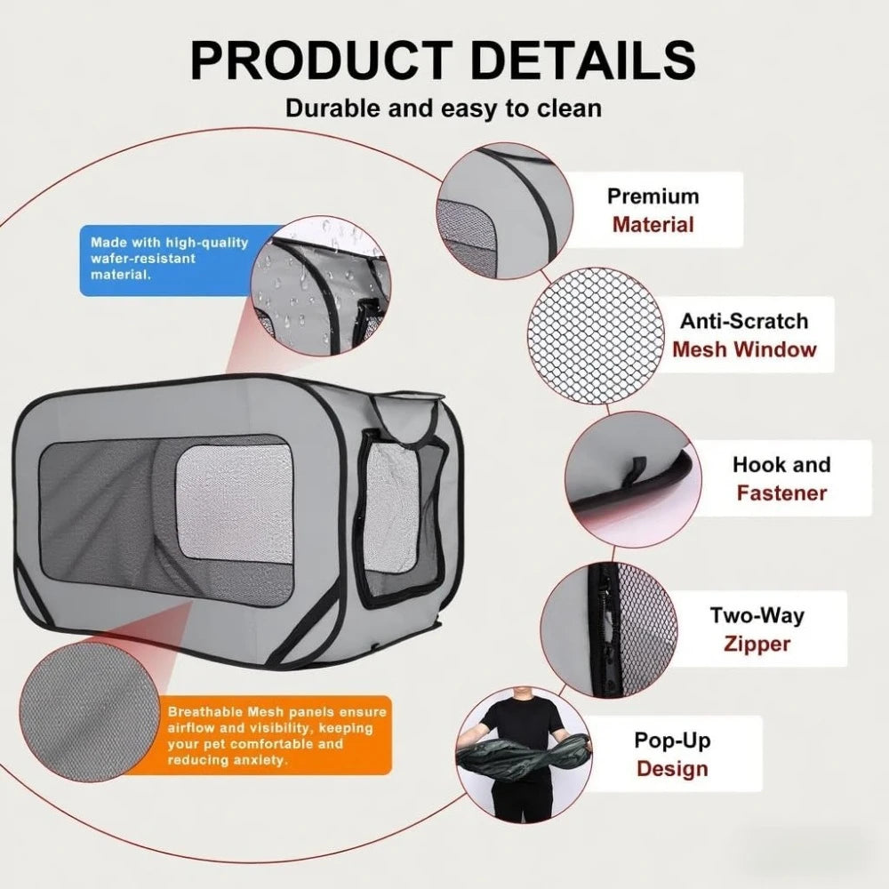 Product details of a pet carrier with features like premium material, anti-scratch mesh window, and two-way zipper on a white background.
