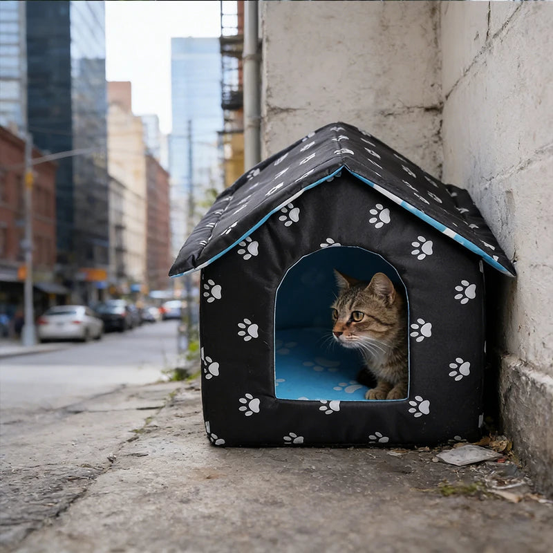 A small house-shaped cat bed with a black fabric exterior, white paw-print pattern, and blue interior lining, with a brown tabby cat sitting inside. The bed is placed on a city sidewalk next to a concrete wall.