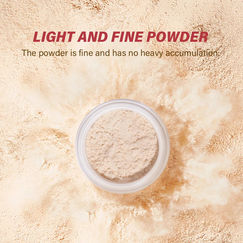 Jar of light and fine powder with text on a beige background