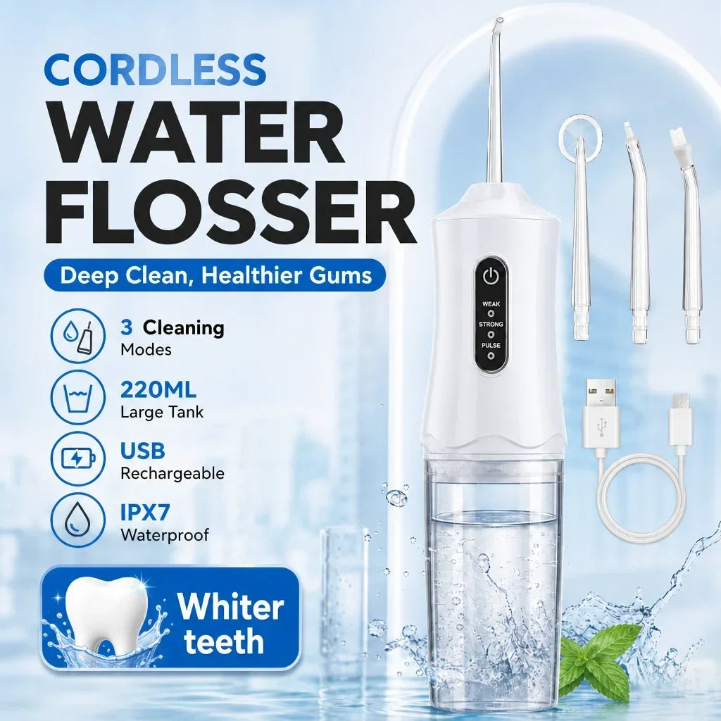 Cordless water flosser shown on a light blue promotional background with accessory nozzles, a USB charging cable, and text highlighting features such as 3 cleaning modes, 220ML large tank, USB rechargeable, IPX7 waterproof, and whiter teeth.