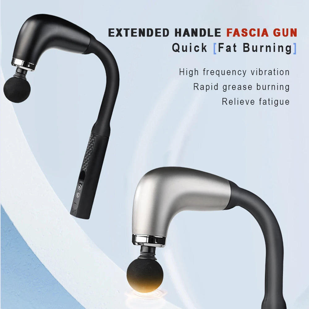 Two fascia guns with extended handles on a light blue background, featuring text about their functions.