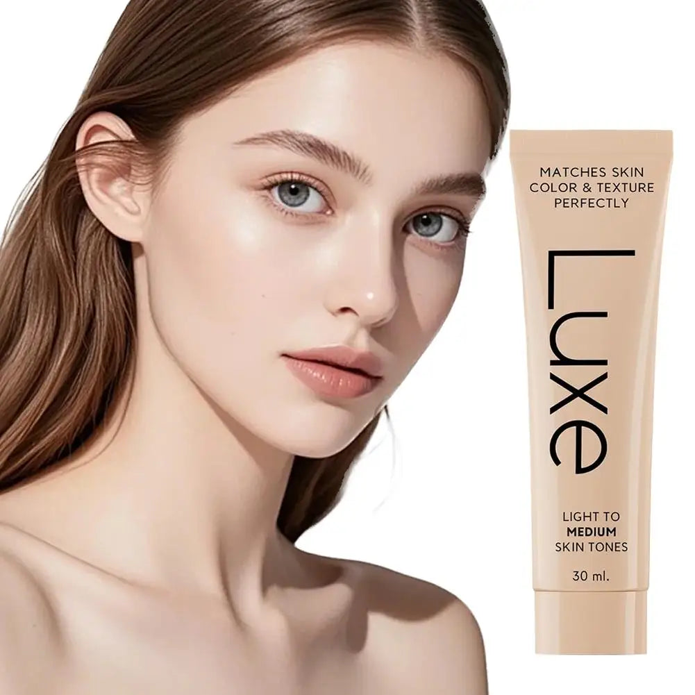 Woman with smooth skin next to a tube of Luxe foundation on a white background