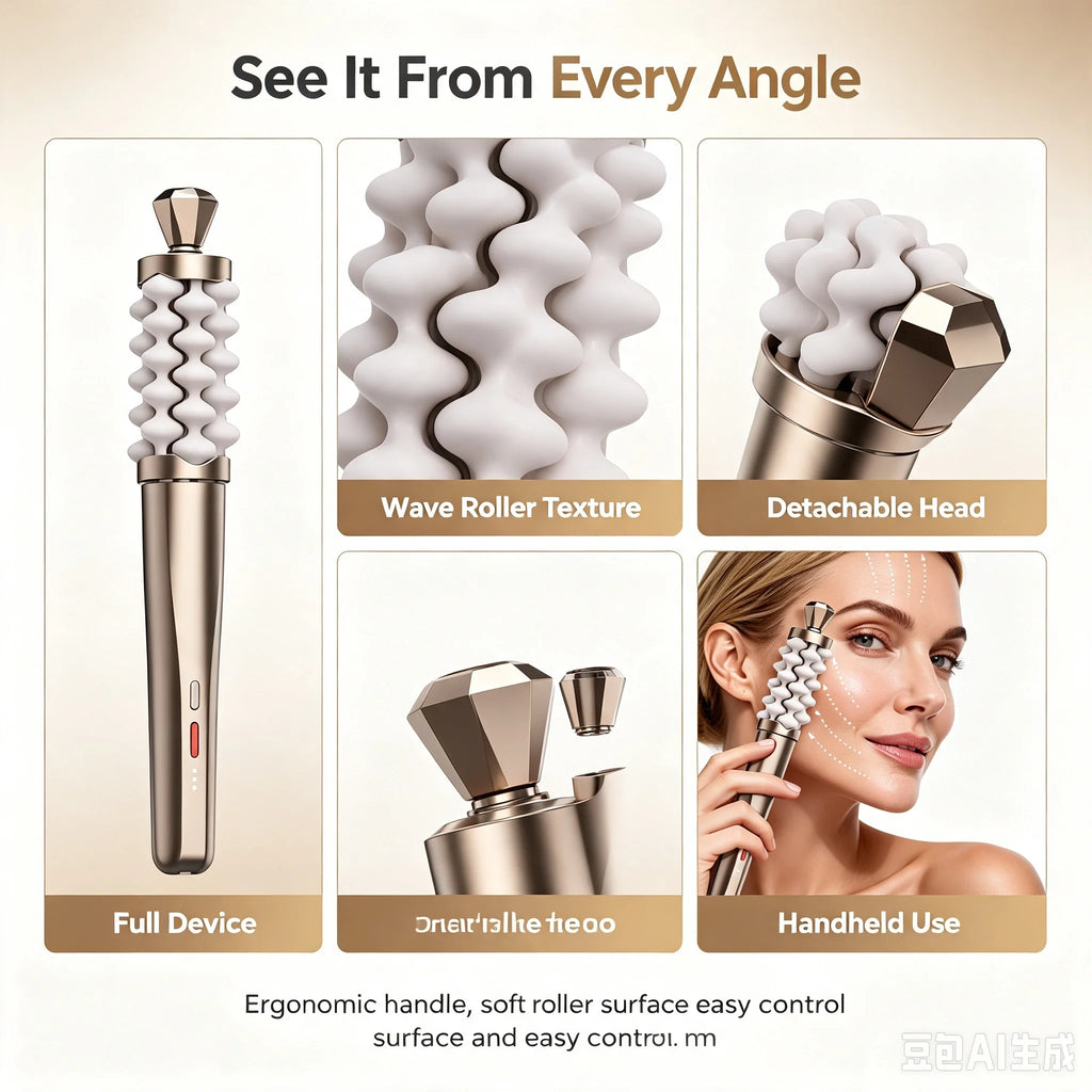 Promotional graphic for a handheld beauty device showing multiple views and features: full device view, close-up of the wave roller texture, detachable head detail, handheld use on a woman's face, and text highlighting ergonomic handle, soft roller surface, and easy control.