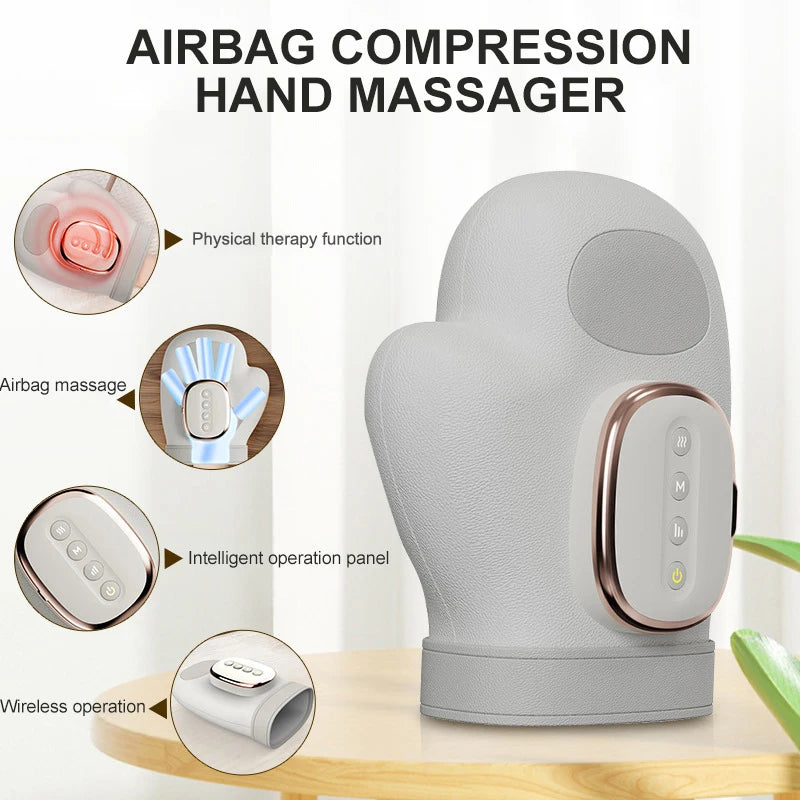 Handheld airbag compression massager with features highlighted on a white background