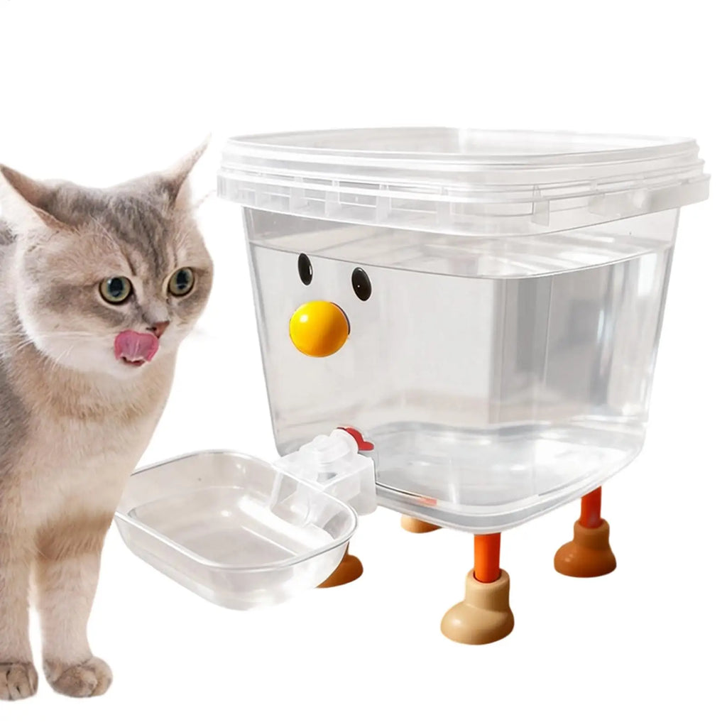 Clear plastic container with duck-like legs and face next to a cat
