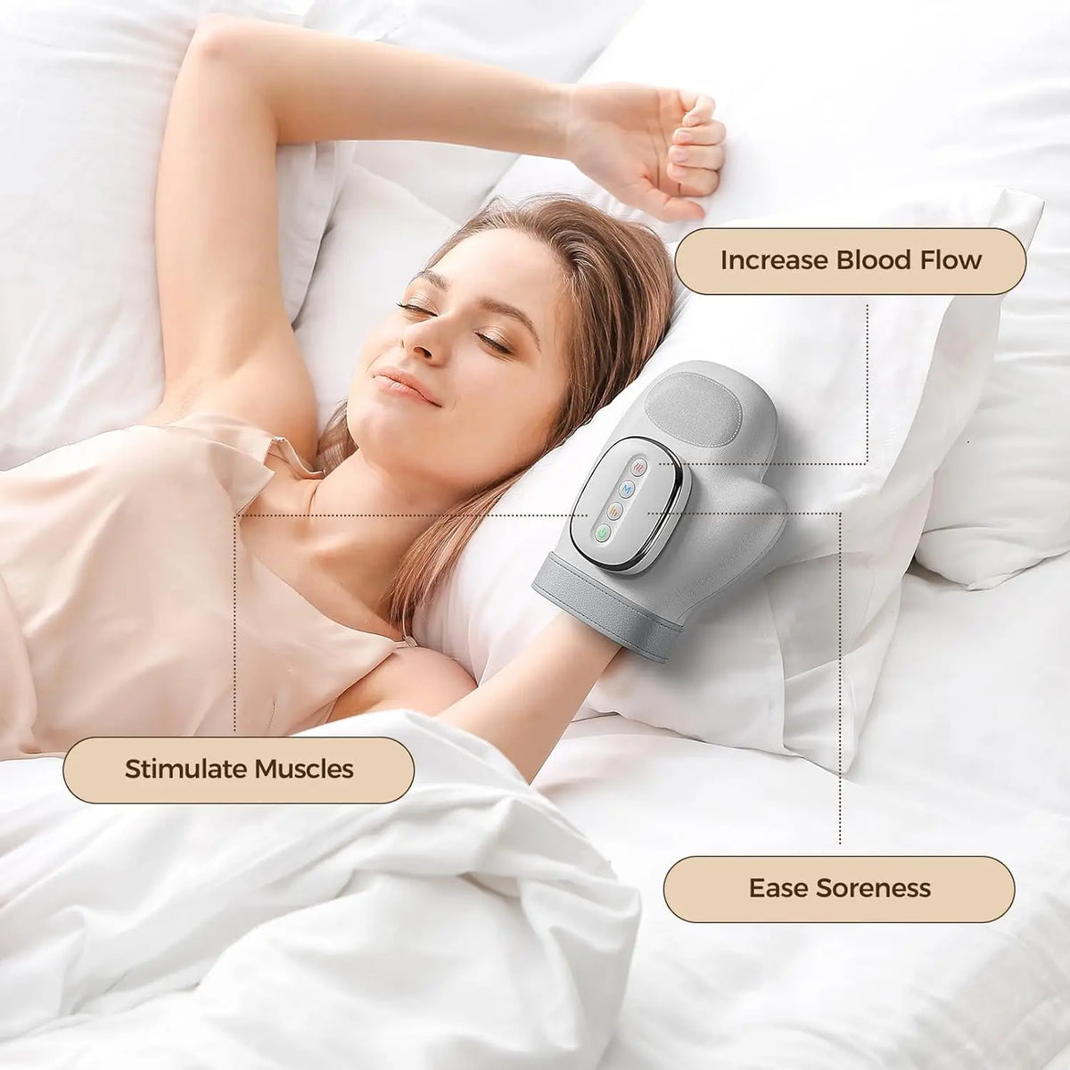 Woman using a handheld massager on her arm with text indicating benefits.