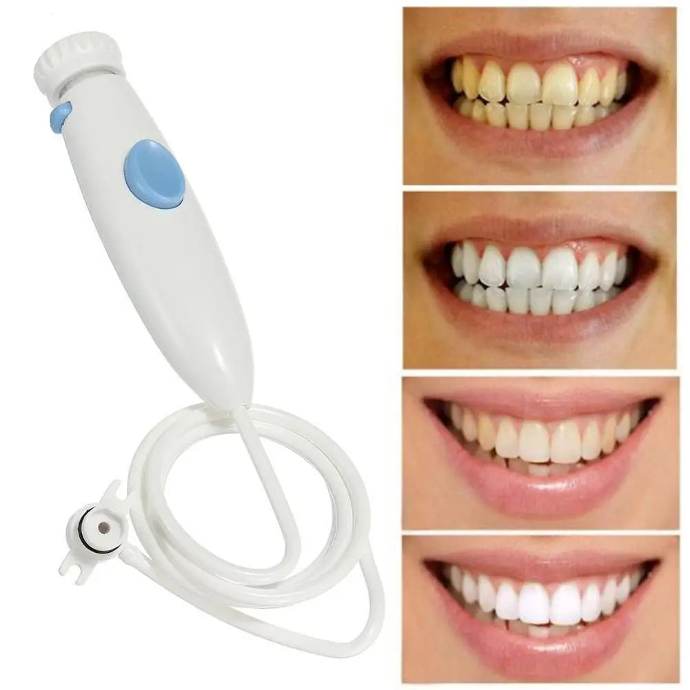 White dental tool with blue accents on a white background, showing before and after whitening results.