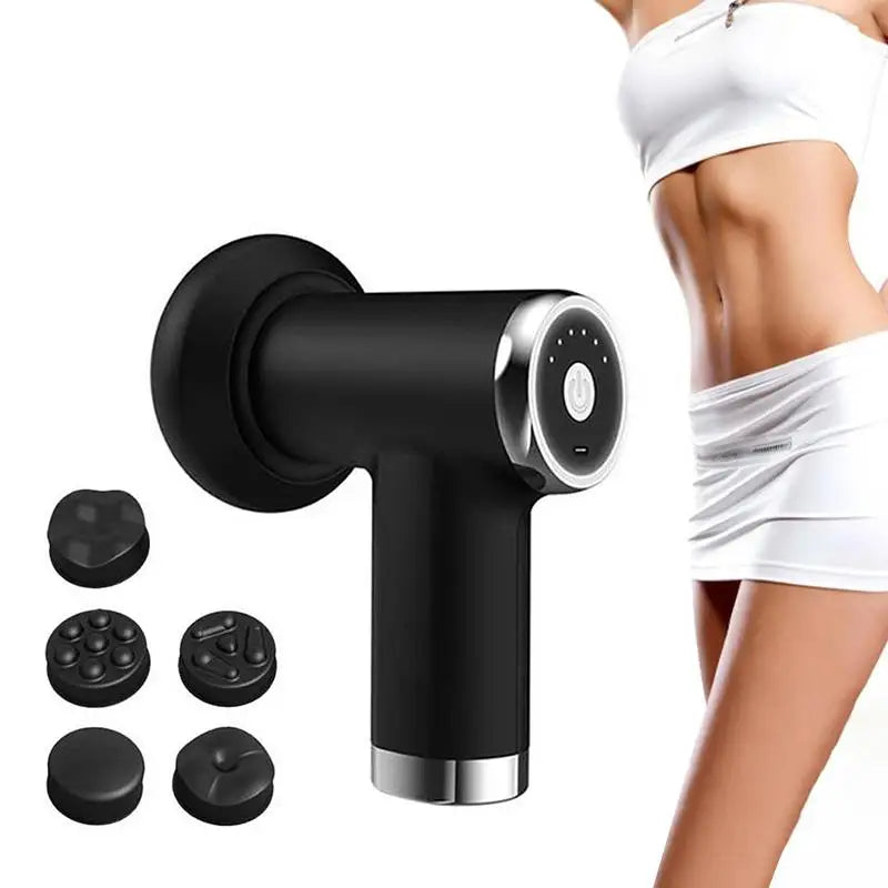 Black handheld muscle massager with silver accents and four interchangeable massage heads, shown next to a cropped model torso wearing a white sports bra and shorts on a white background.