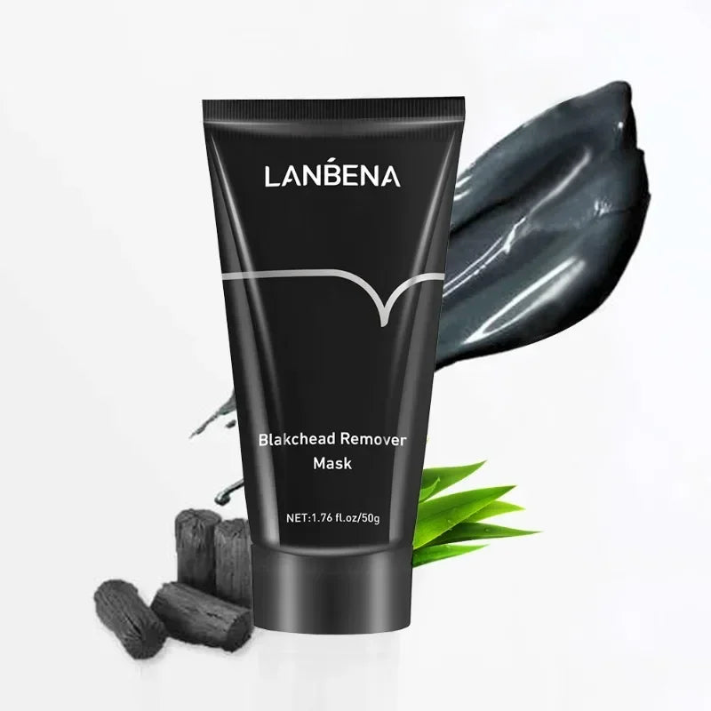 LANBENA blackhead remover mask with charcoal and green leaves on a white background
