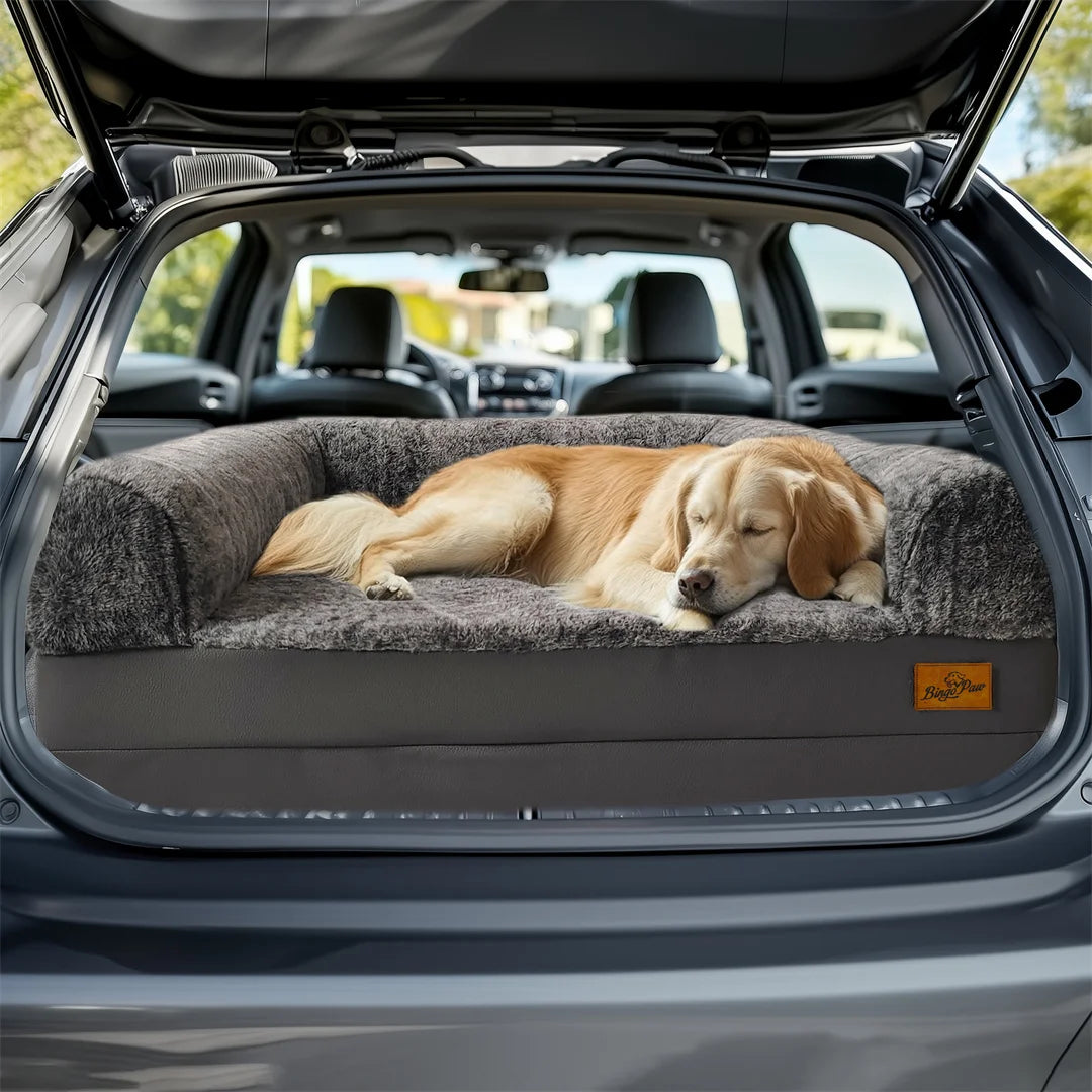 Dog resting on a pet bed in the open trunk of a car