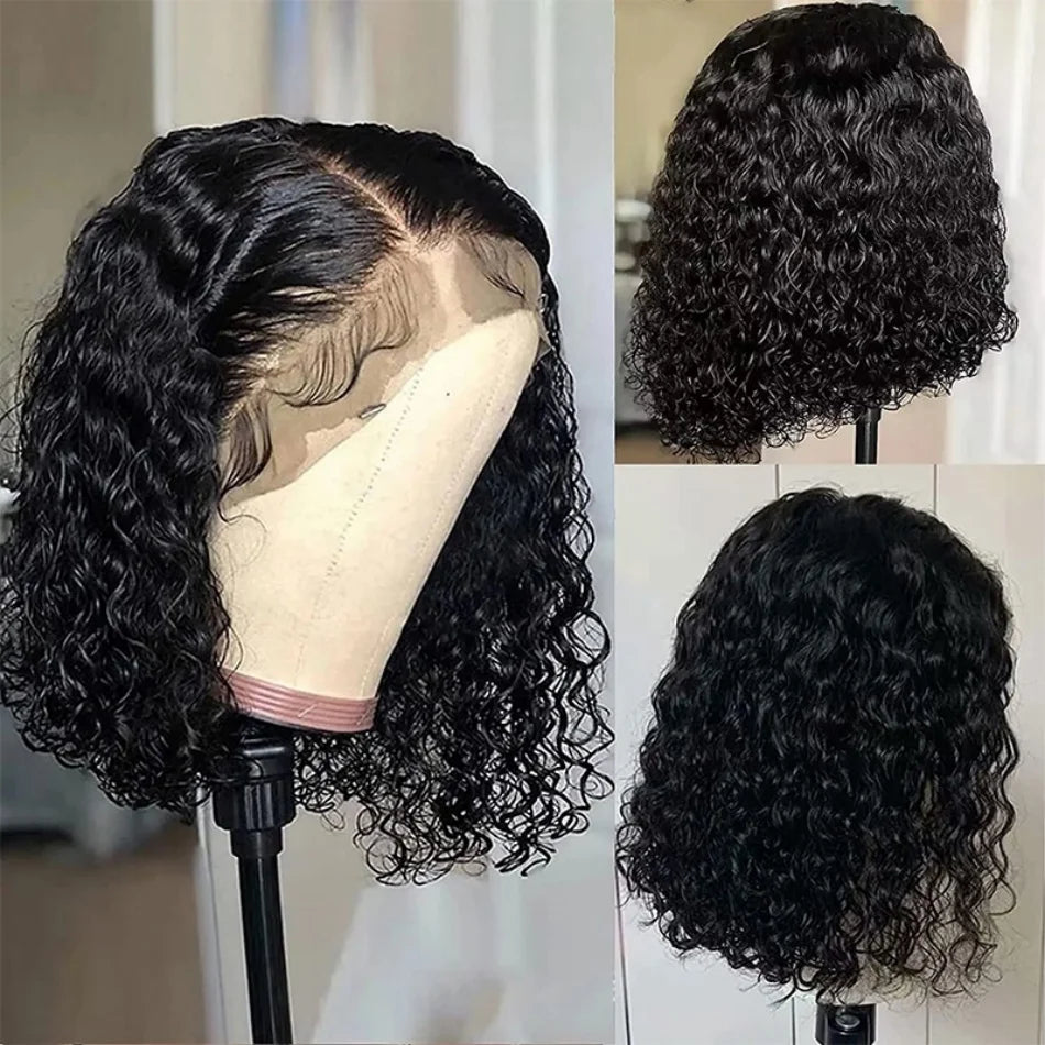 Black curly wig displayed on a mannequin head with close-up views.
