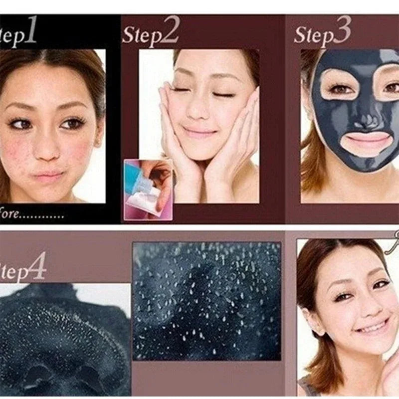 Step-by-step guide to using a black face mask with images of a woman applying and showing the mask.