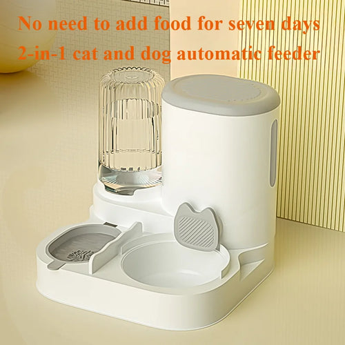 White 2-in-1 cat and dog automatic feeder with text on a beige background