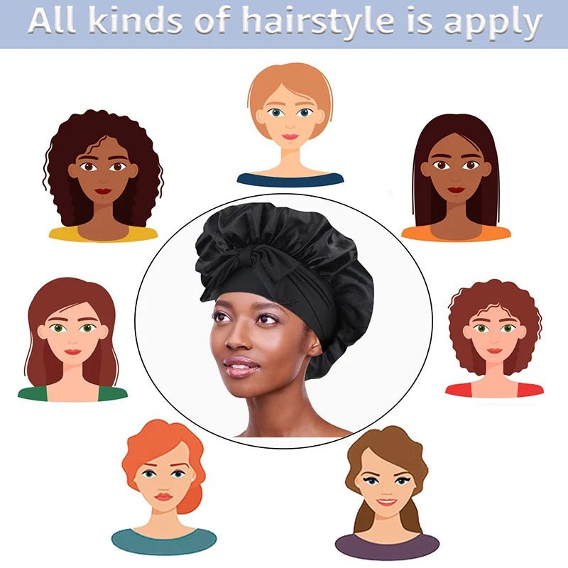 Woman wearing a black satin head wrap with cartoon illustrations of different hairstyles.