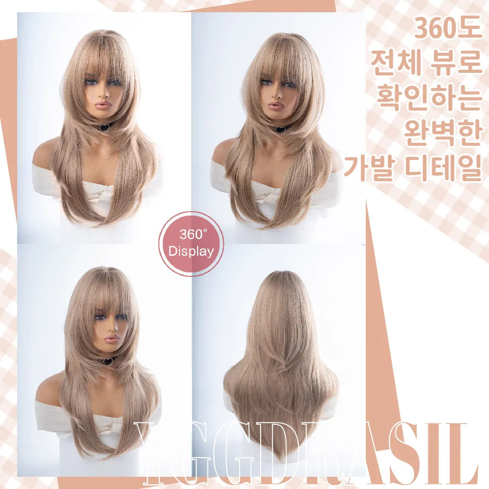 A long straight wig with bangs shown in four views on a mannequin head against a white background, with Korean text and a pink gingham corner accent. The wig appears to be the product being sold.