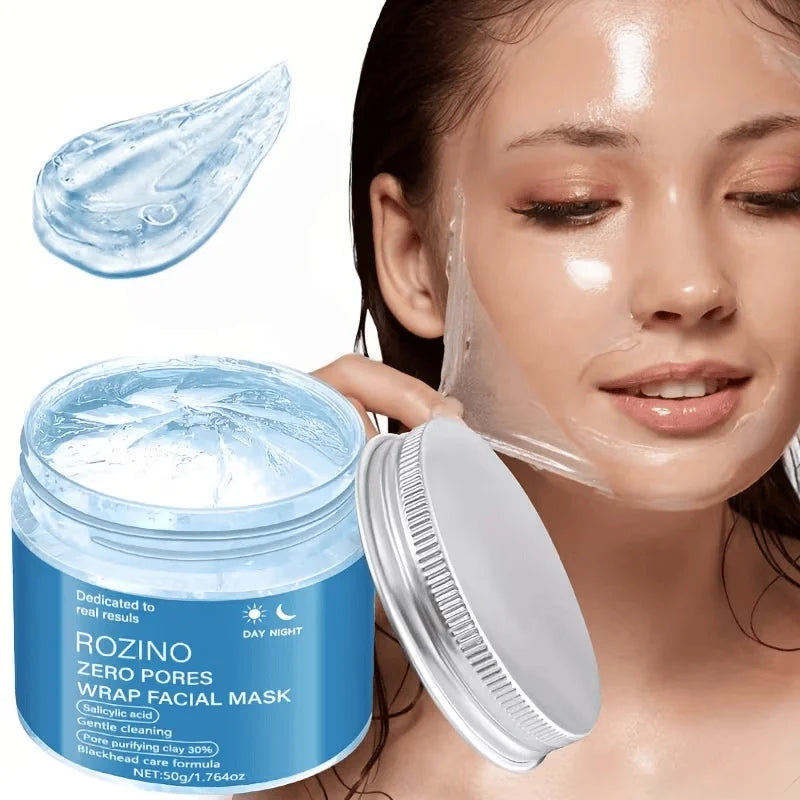 A woman applies a clear, gel-like ROZINO Zero Pores Wrap Facial Mask to her face, with the open blue jar and its lid shown beside her. A translucent gel swatch is also displayed in the upper left against a white background.