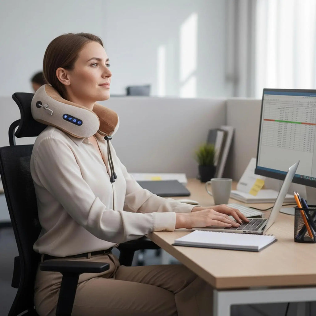 Woman using a neck massager at her desk in an office setting