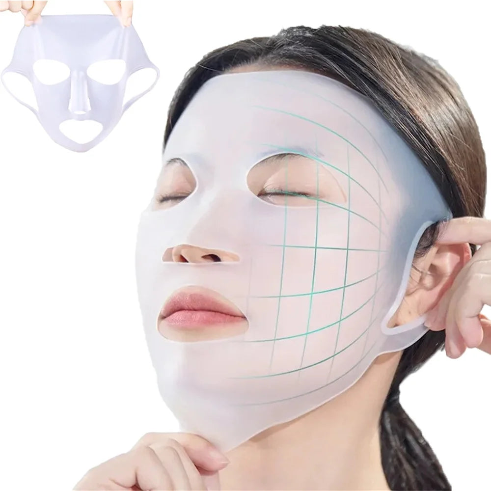 Woman wearing a face mask with grid lines on a white background