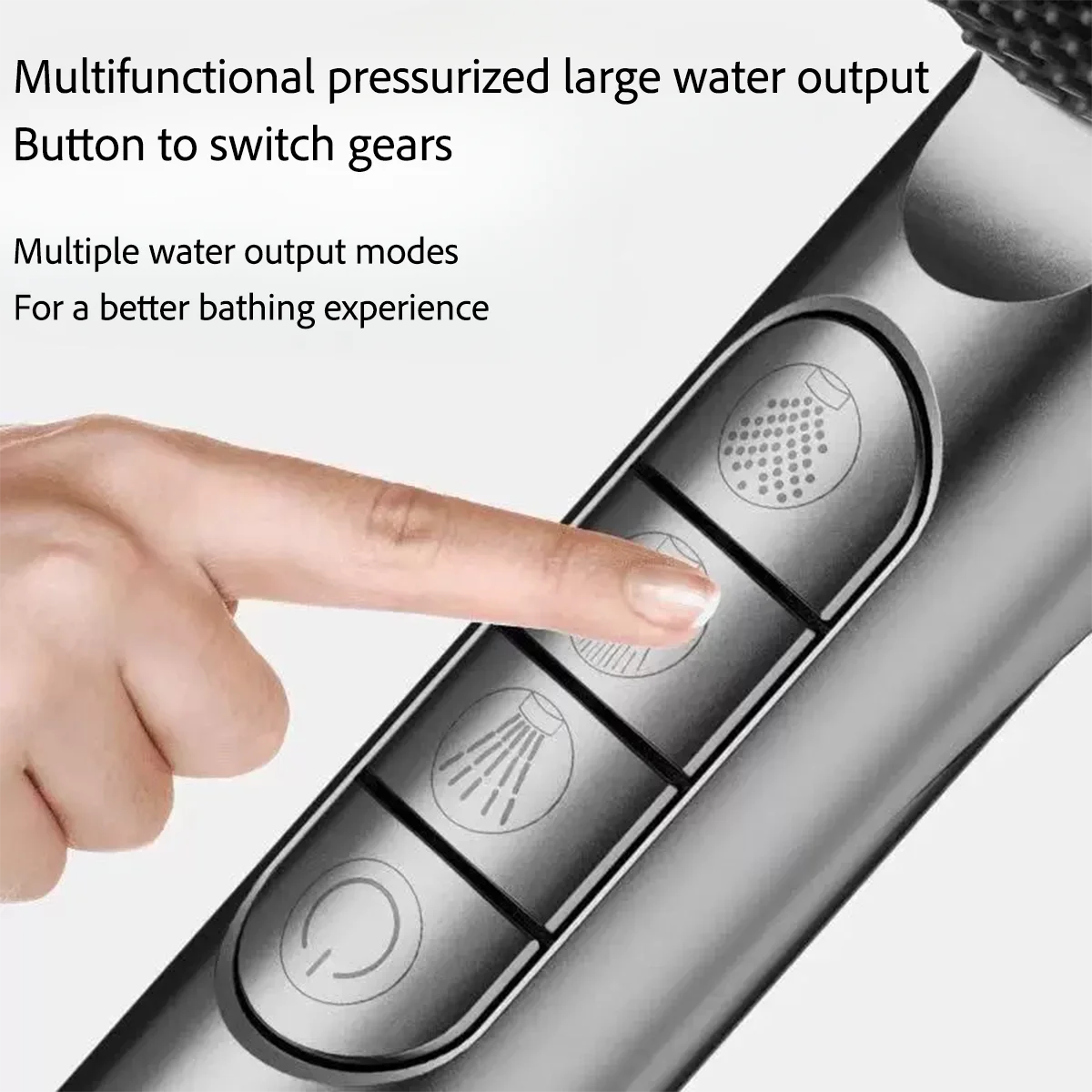 Close-up of a hand pressing buttons on a metallic handheld device, with text describing multifunctional pressurized large water output and multiple water output modes.