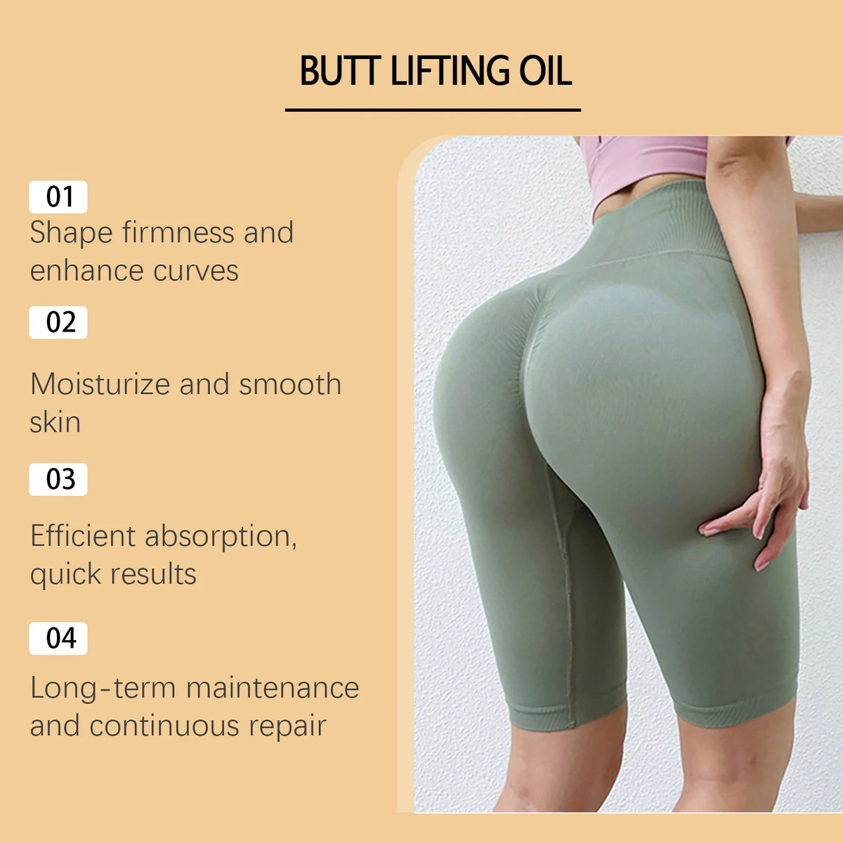Person wearing green leggings with text about butt lifting oil on a beige background
