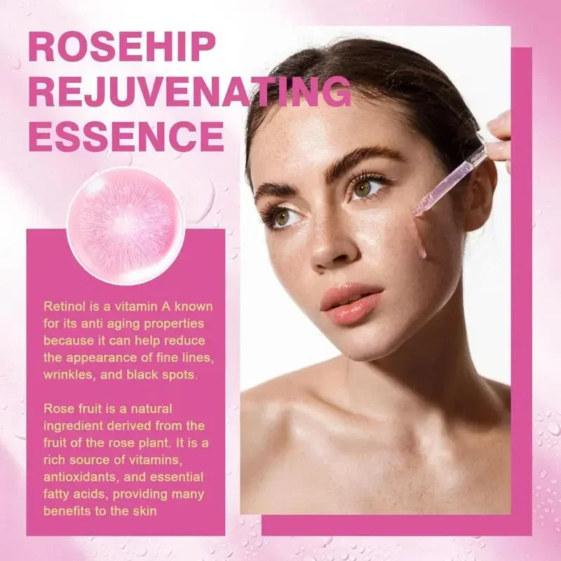 Promotional beauty graphic for Rosehip Rejuvenating Essence, showing a woman applying a serum dropper to her cheek against a pink waterdrop background, with text describing retinol and rosehip benefits.