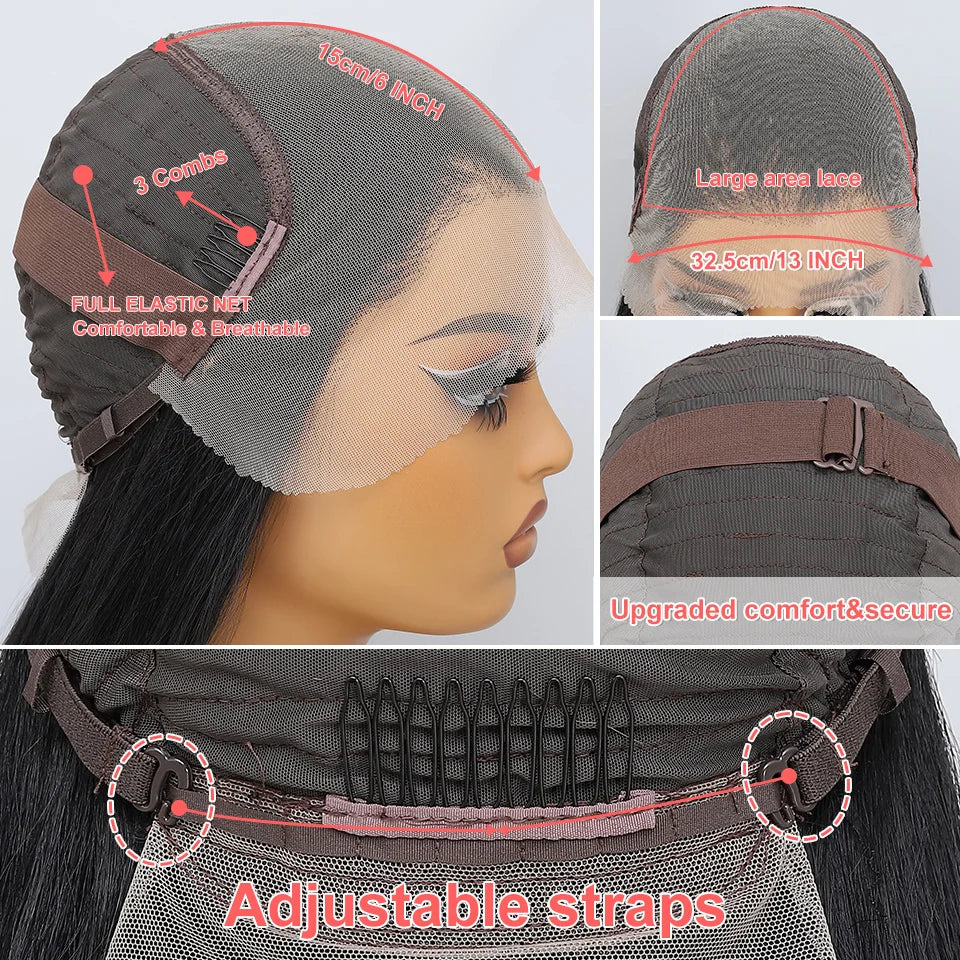 Wig with adjustable straps and measurements highlighted on a white background