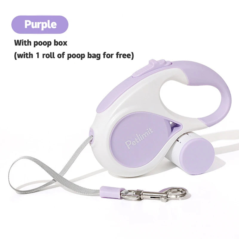 Purple retractable dog leash with poop box and free poop bag on a white background