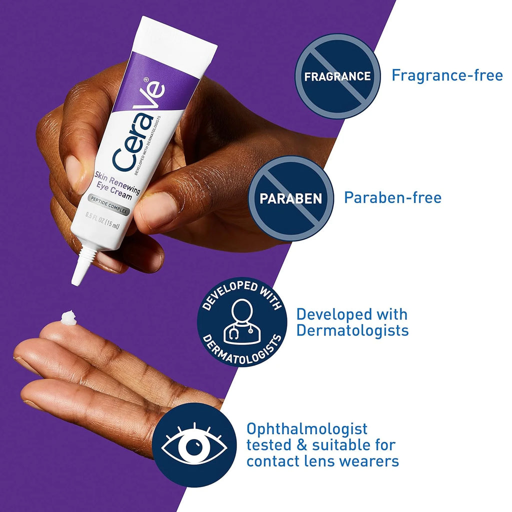 CeraVe eye cream being applied with product features highlighted on a purple background